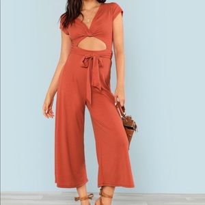 Ribbed Knit Twist Front Cut Out Jumpsuit in WHITE